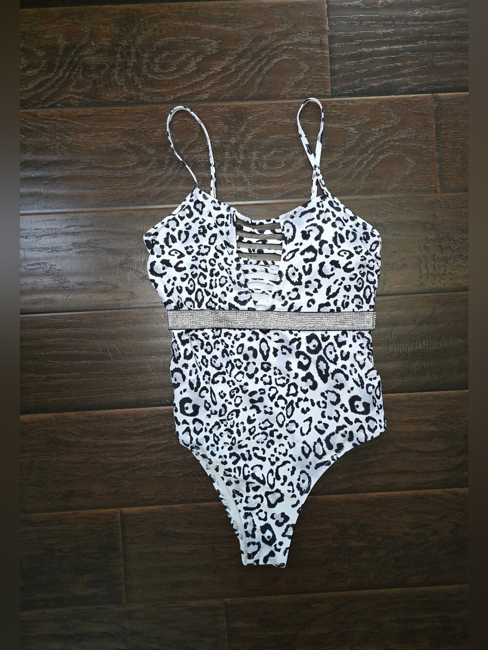 Shein Women's Leopard Print One-Piece Swimsuit with Rhinestone Belt XL